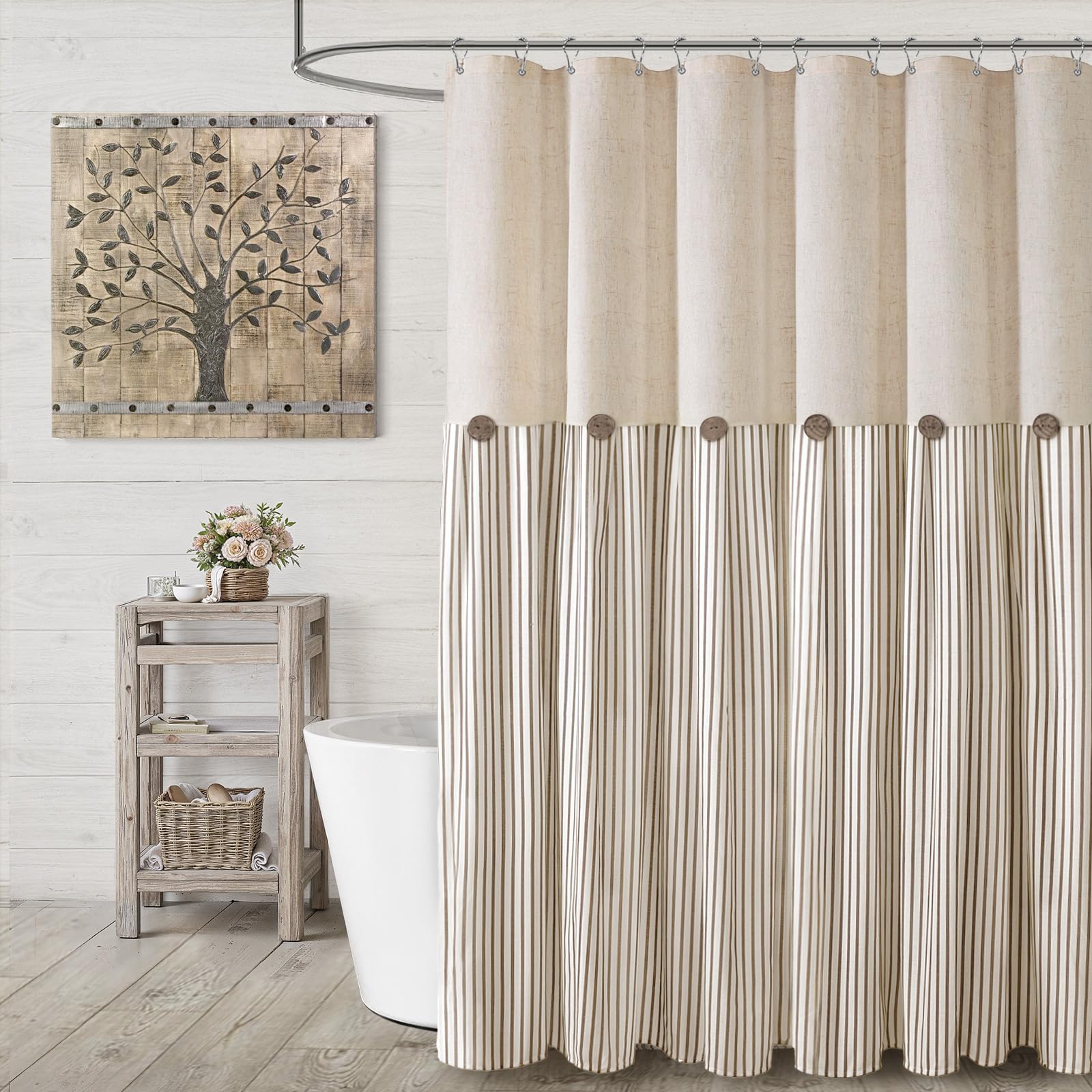 XOGUIBO farmhouse curtain in linen beige adds warm, natural texture to bathrooms.