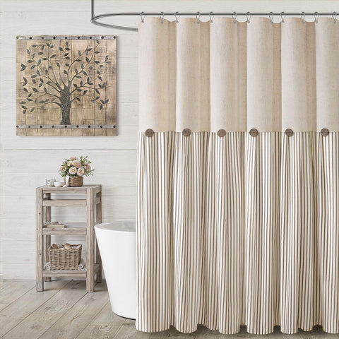 XOGUIBO farmhouse curtain in linen beige adds warm, natural texture to bathrooms.