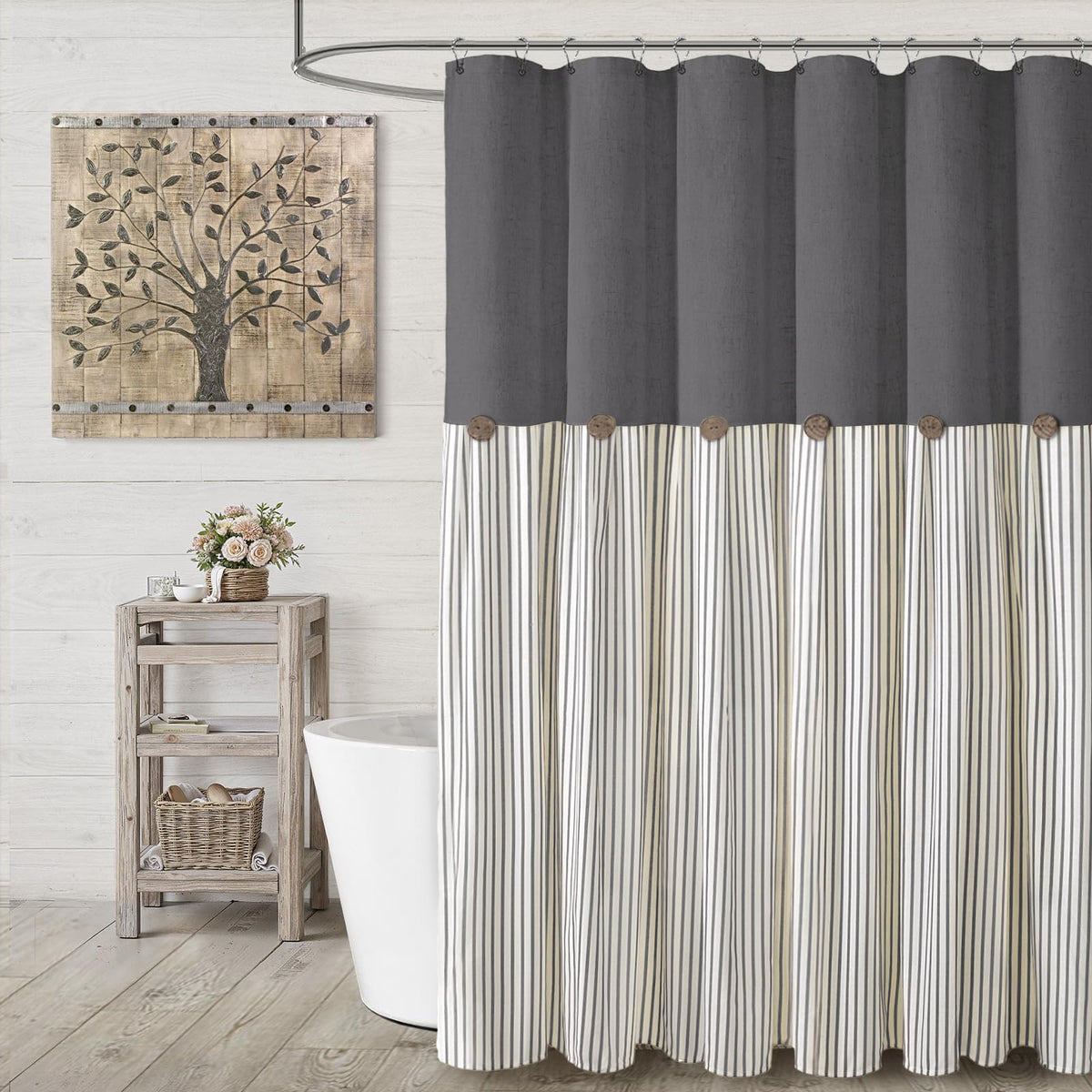 XOGUIBO farmhouse curtain in linen grey highlights natural drape and cozy bathroom feel.