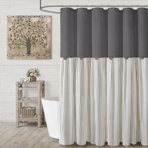XOGUIBO farmhouse curtain in linen grey highlights natural drape and cozy bathroom feel.