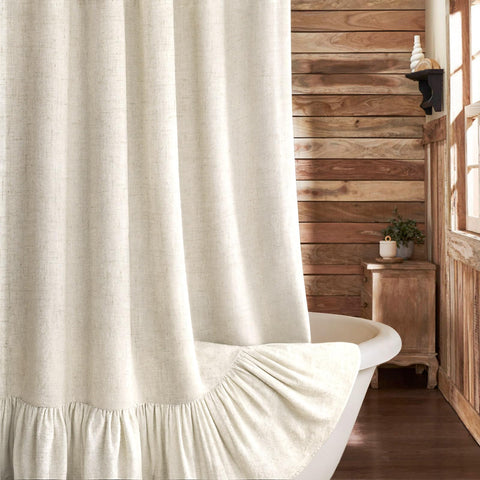 XOGUIBO farmhouse curtain with ruffle hem in cream adds soft rustic charm.