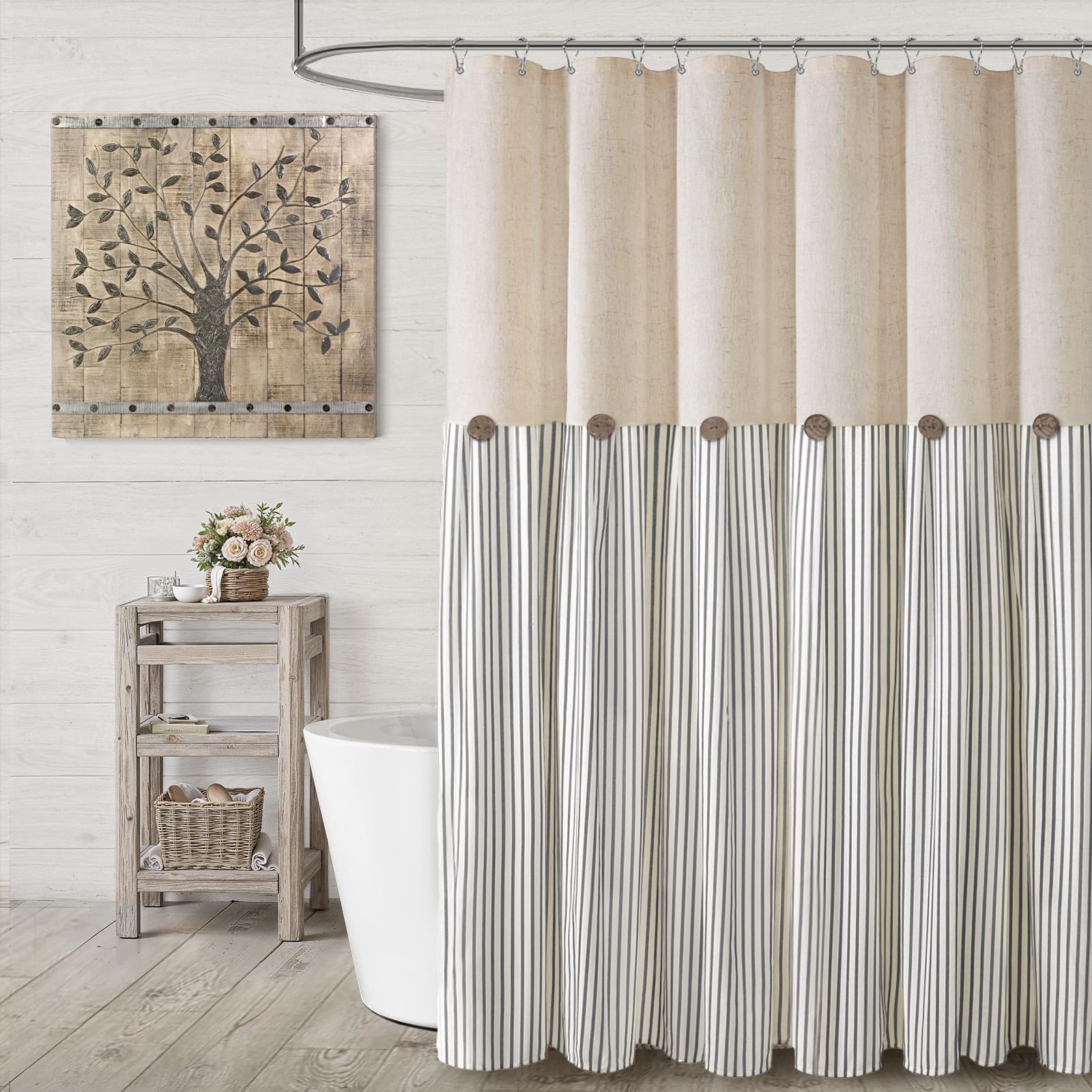 XOGUIBO farmhouse linen shower curtain with grey stripe, 72x72, natural textured look