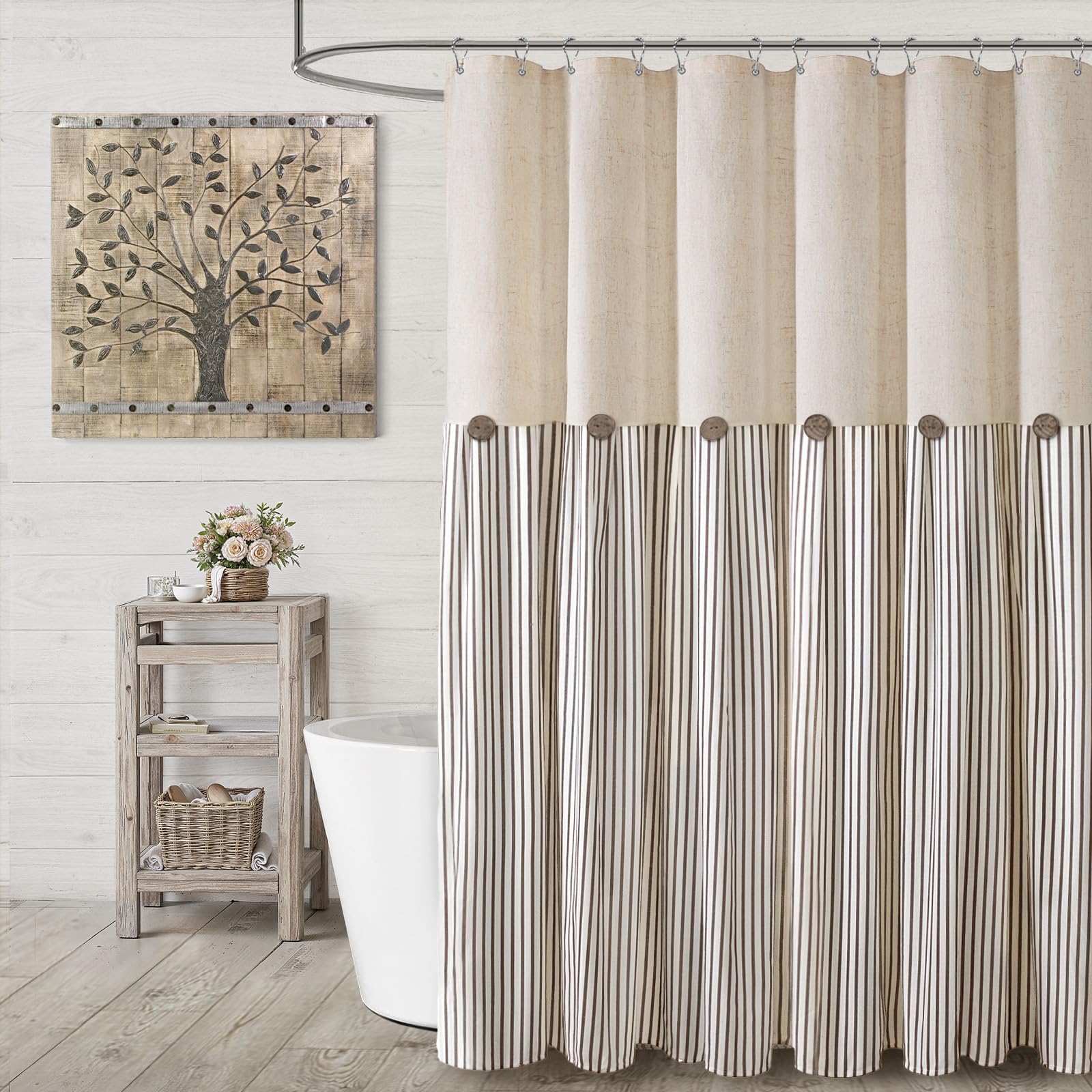 XOGUIBO farmhouse shower curtain in linen-beige with natural drape for a cozy bathroom.