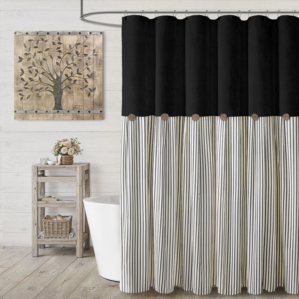 XOGUIBO farmhouse shower curtain linen blend highlights natural texture for timeless bathroom style.