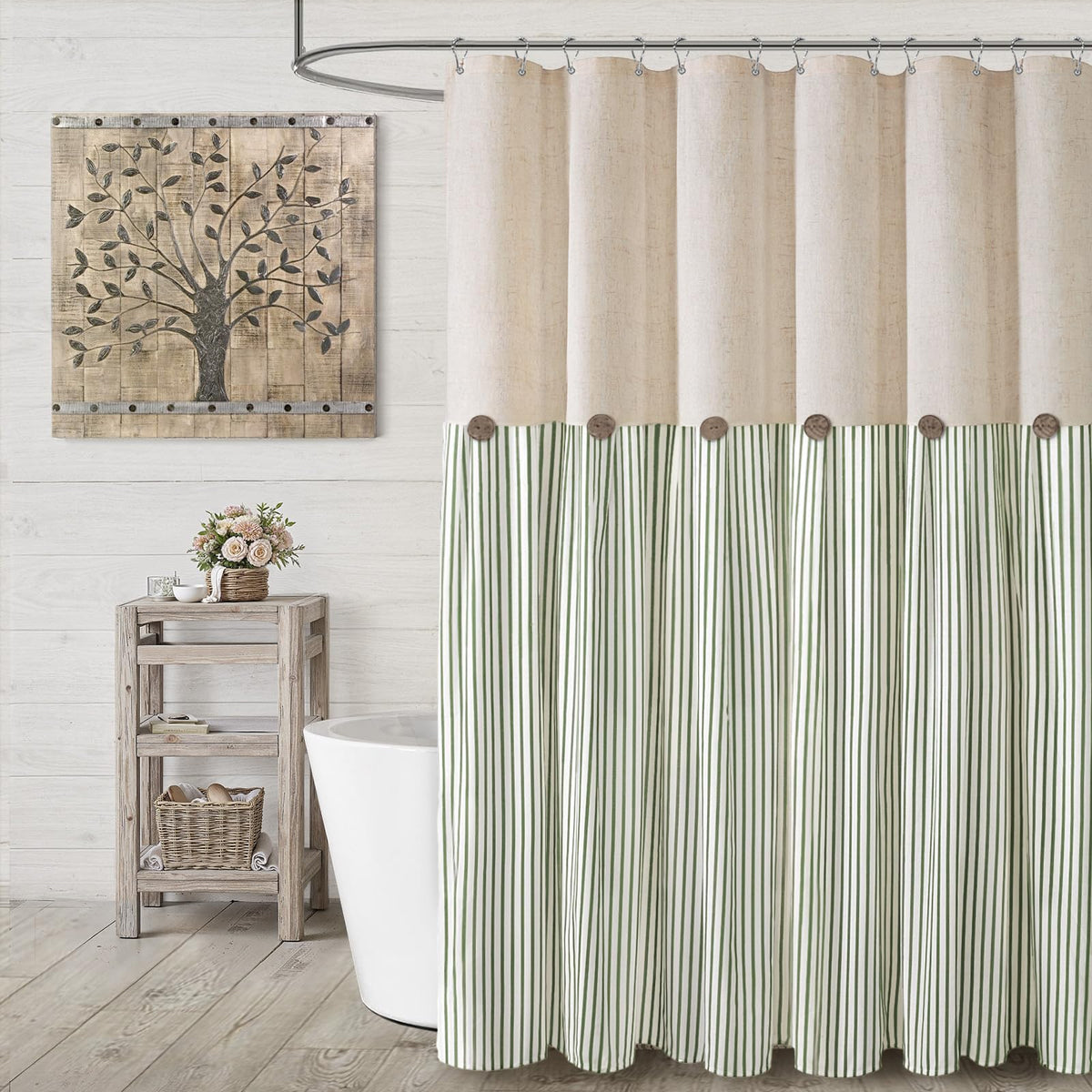 XOGUIBO shower curtain linen panel close-up, natural texture for a stylish bath