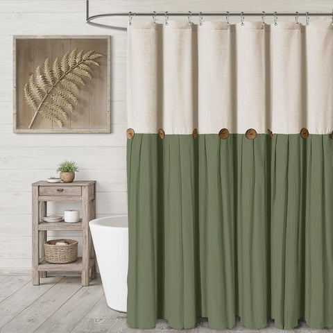 XOGUIBO farmhouse shower curtain with linen top panel for natural texture and durable style.