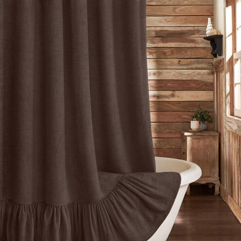 XOGUIBO Farmhouse shower curtain with ruffle hem in brown linen look adds cozy rustic charm.