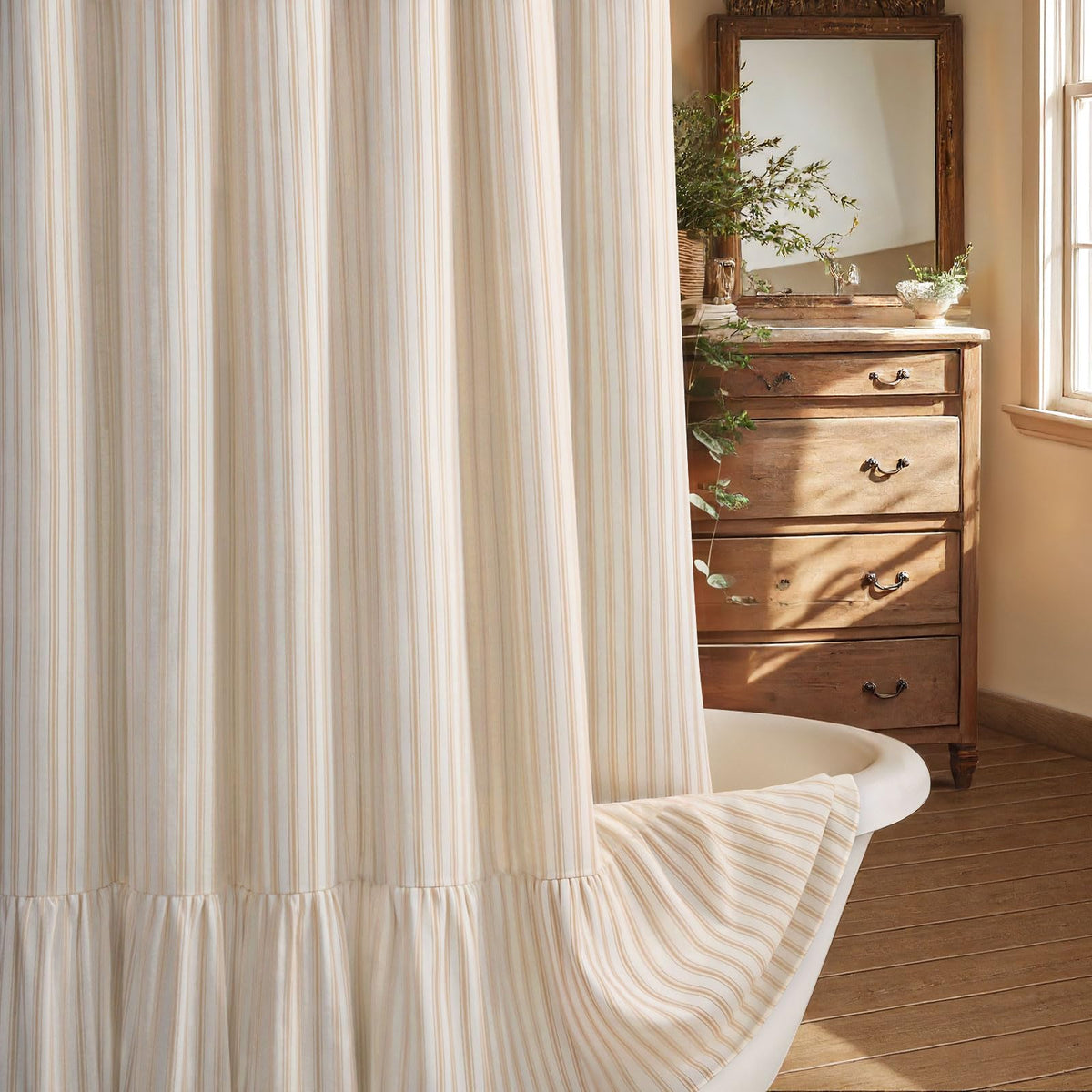 XOGUIBO farmhouse shower curtain with ruffle hem adds cozy bath charm.