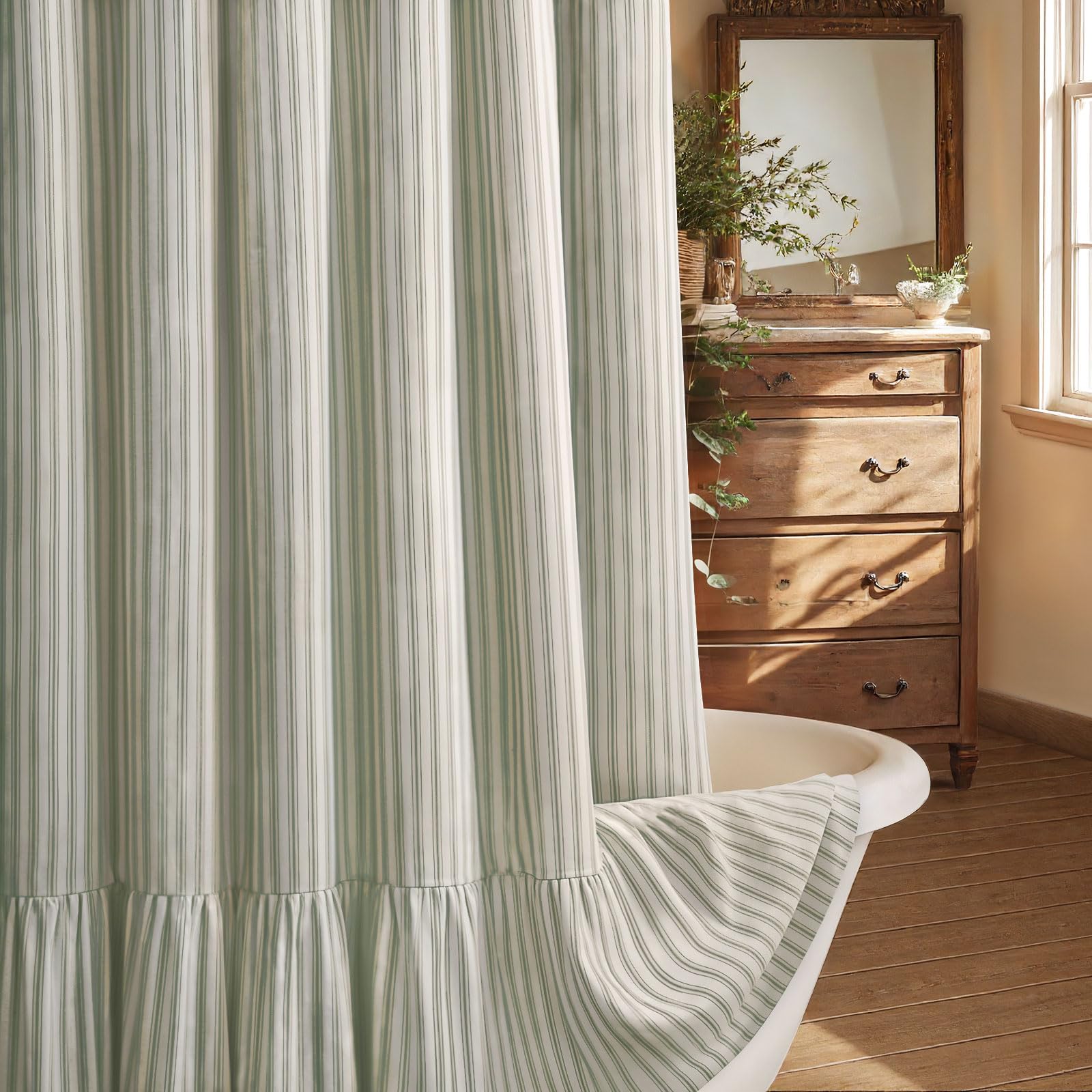 XOGUIBO farmhouse shower curtain with ruffle hem drapes softly, adding rustic charm to your bathroom.