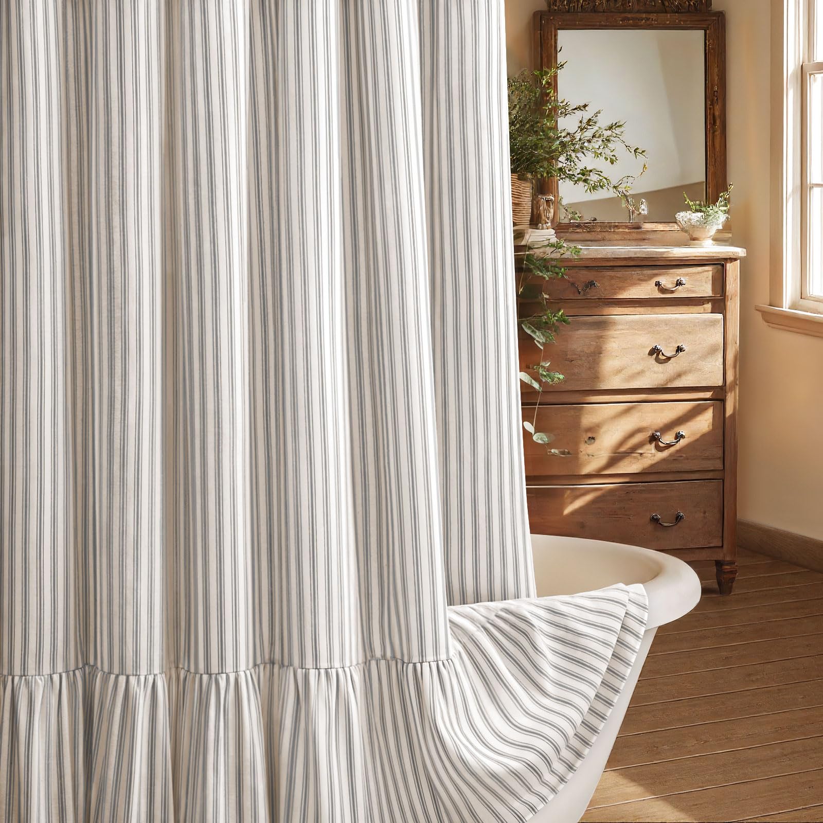 XOGUIBO farmhouse shower curtain with ruffle hem adds cottage charm.