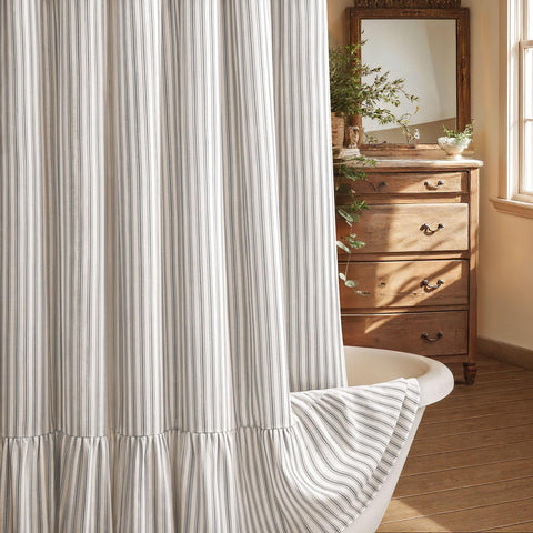 XOGUIBO farmhouse shower curtain with ruffle hem adds cottage charm.