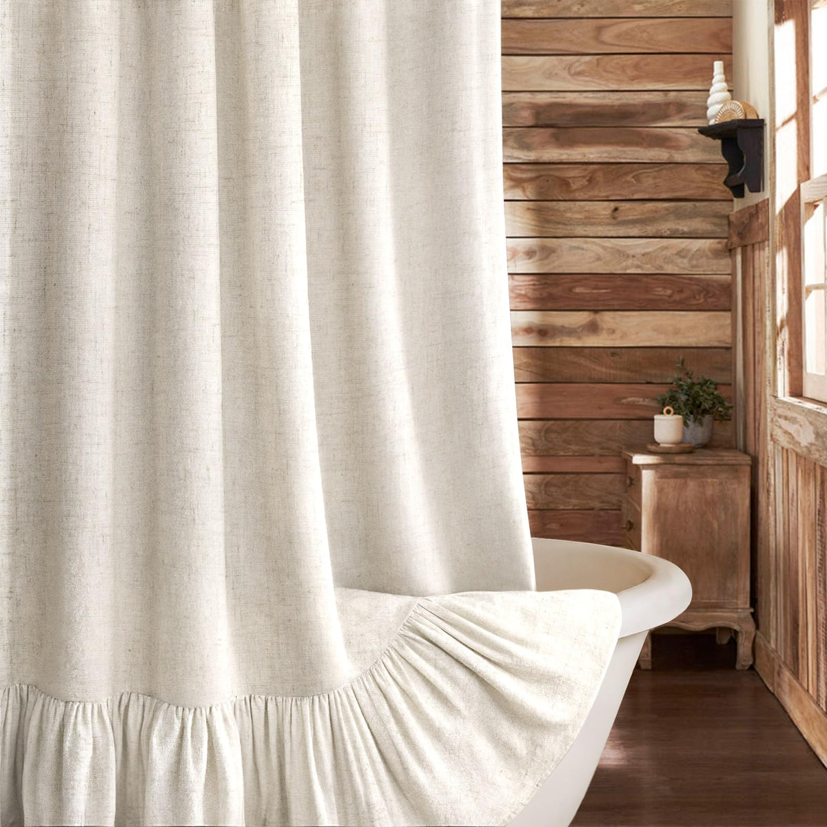 XOGUIBO farmhouse shower curtain with ruffle hem adds rustic charm to your bathroom.