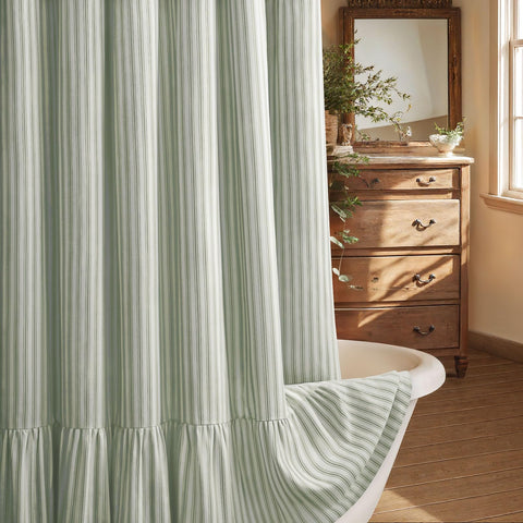 XOGUIBO farmhouse shower curtain with stripe pattern enhances cozy rustic bathroom aesthetics.