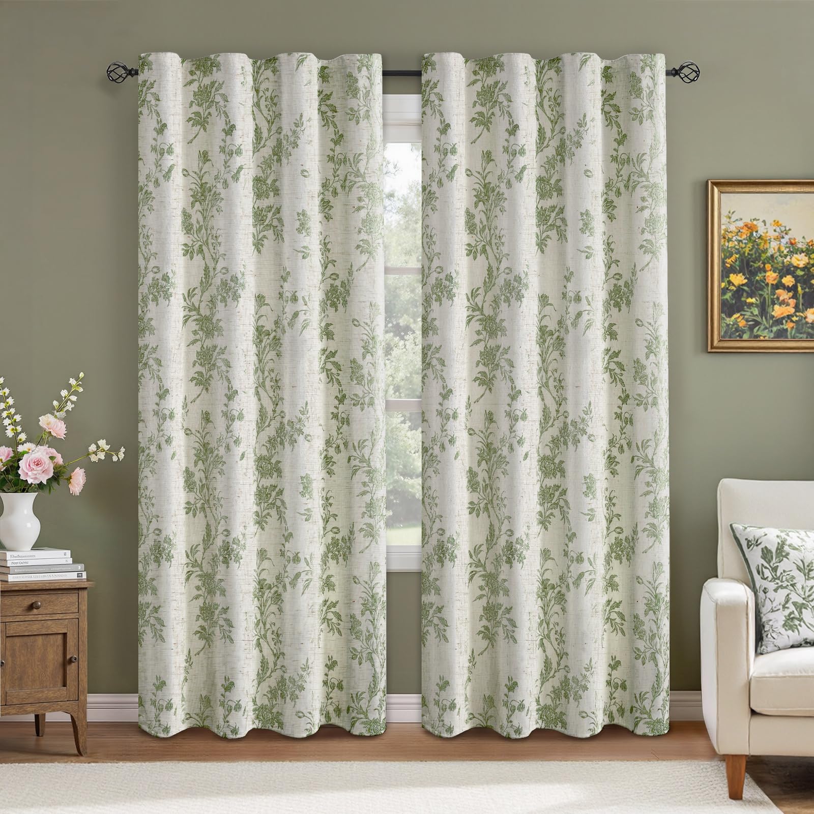 Close-up of XOGUIBO floral print on curtains highlighting delicate sage green flowers