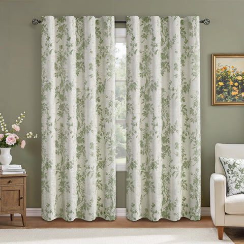 Close-up of XOGUIBO floral print on curtains highlighting delicate sage green flowers