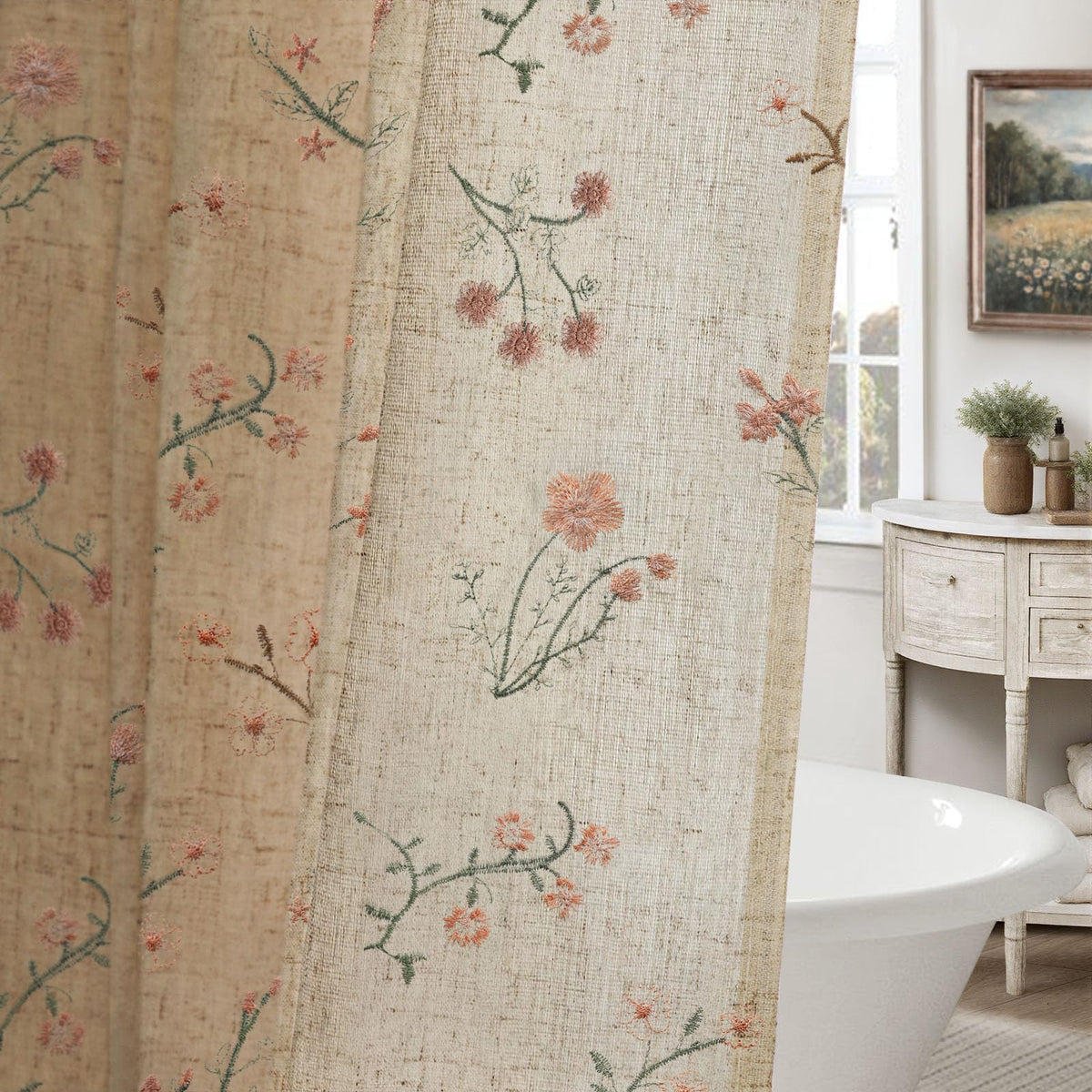 XOGUIBO floral-embroidery-detail curtain adds elegant bathroom decor with soft texture.