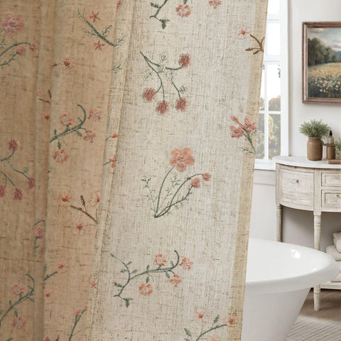 XOGUIBO floral-embroidery-detail curtain adds elegant bathroom decor with soft texture.