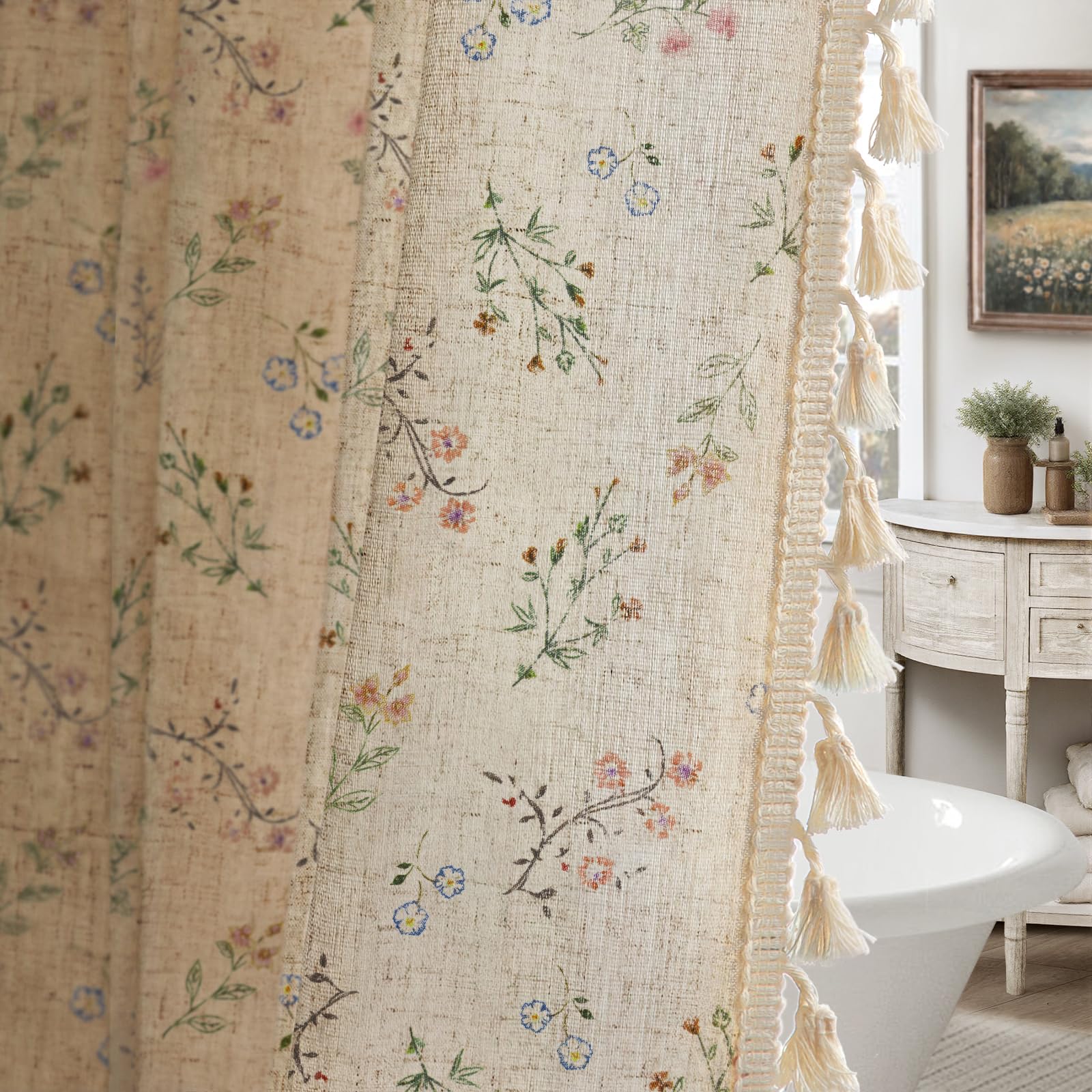 XOGUIBO floral farmhouse linen shower curtain with soft floral print adds cottage charm to baths.