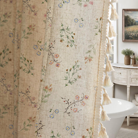 XOGUIBO floral farmhouse linen shower curtain with soft floral print adds cottage charm to baths.