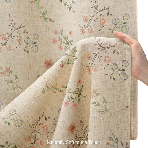 XOGUIBO floral vintage linen shower curtain light filtering panels provide privacy while softening sunlight.
