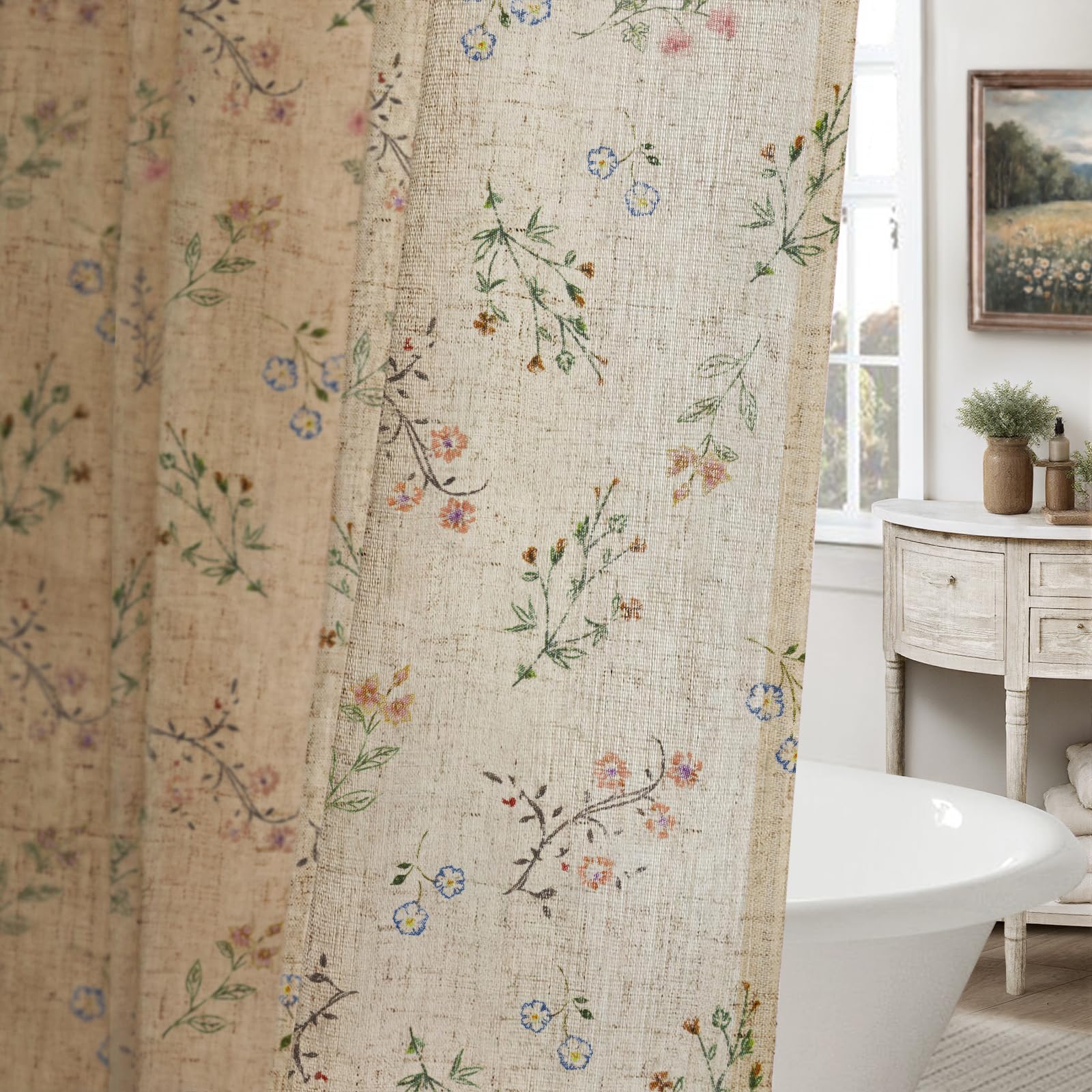 XOGUIBO floral vintage linen shower curtain soft floral print enhances bathroom decor with gentle privacy.