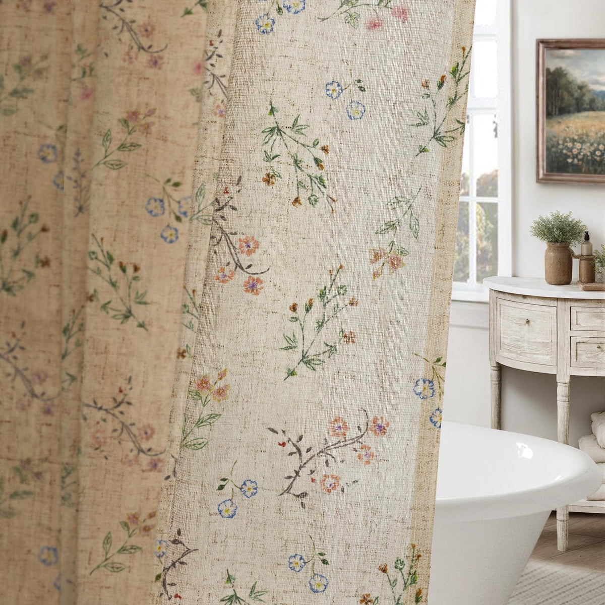 XOGUIBO floral vintage linen shower curtain soft floral print enhances bathroom decor with gentle privacy.