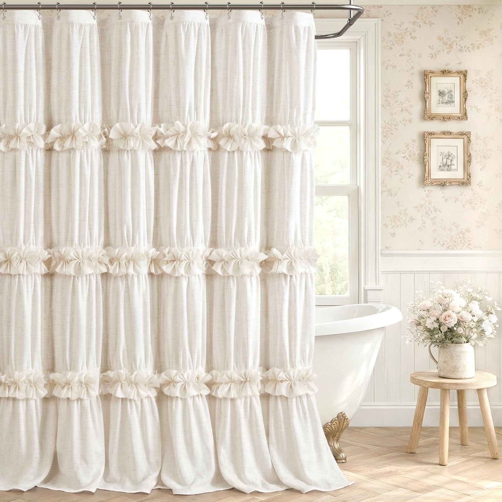 XOGUIBO ruffle shower curtain with bow detail in cream enhances vintage charm.