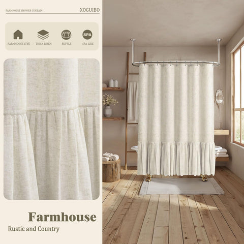 XOGUIBO linen-cream shower curtain brings natural texture to bathrooms.