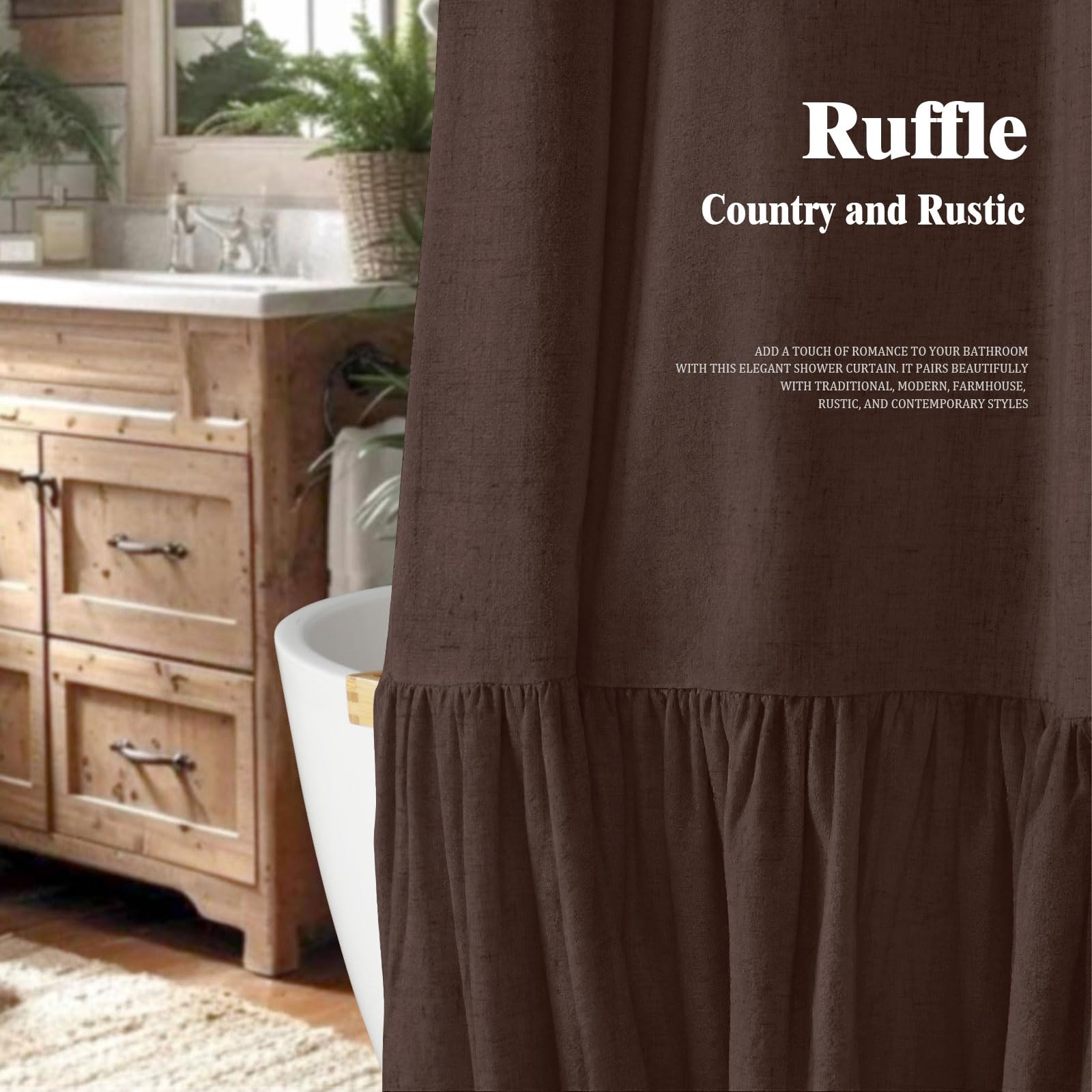 XOGUIBO shower curtain with ruffle detail at bottom adding spa-like softness.