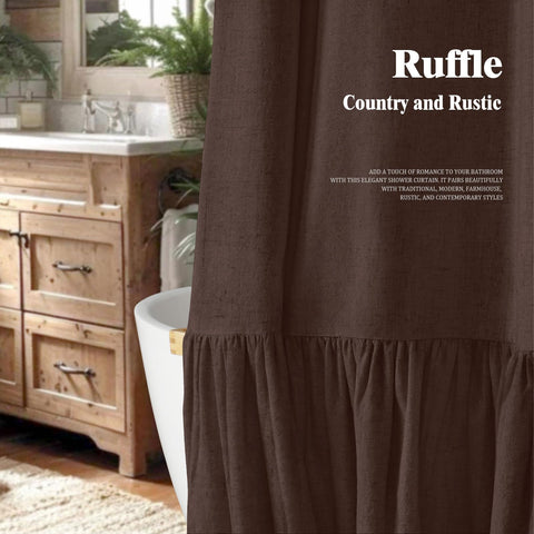 XOGUIBO shower curtain with ruffle detail at bottom adding spa-like softness.