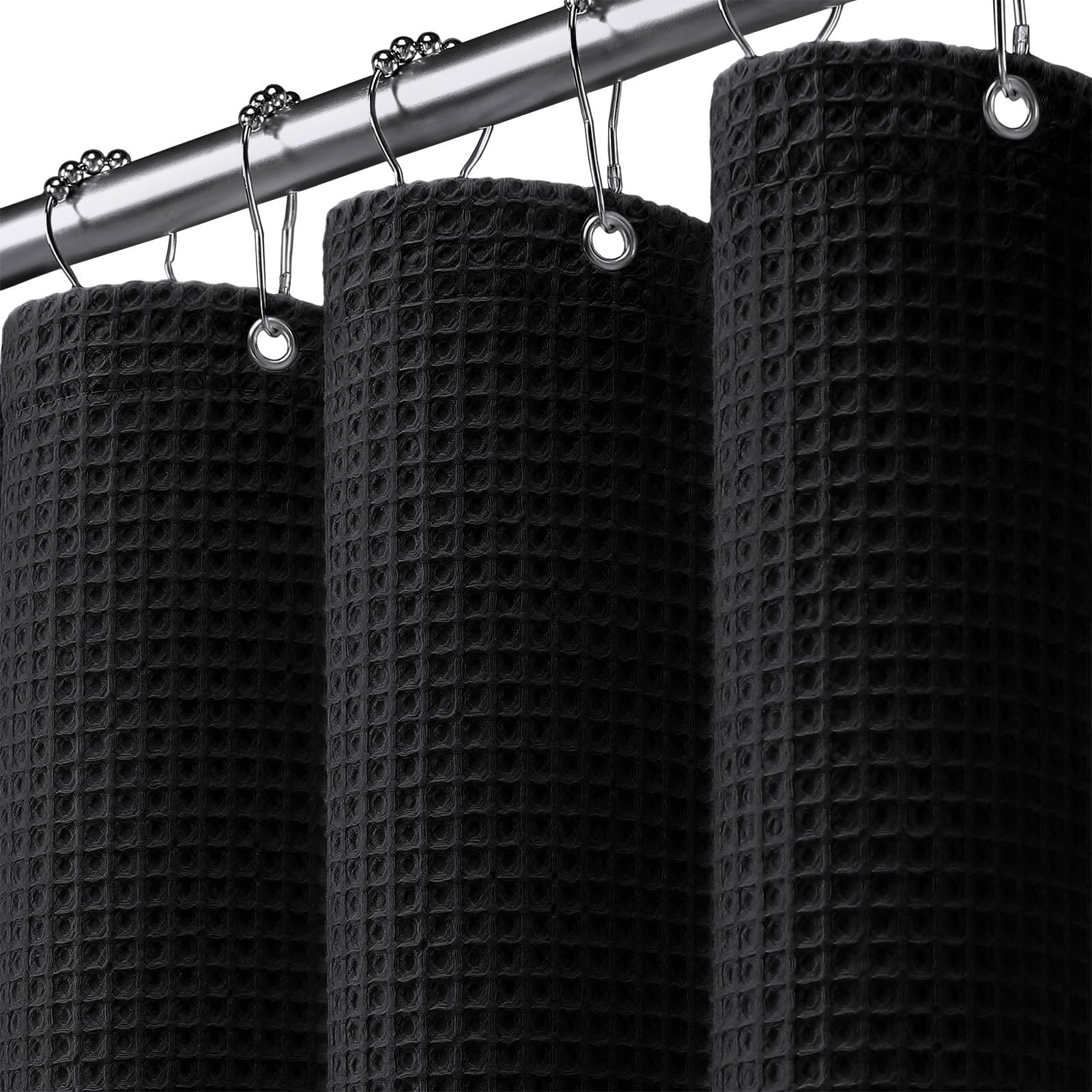 XOGUIBO waffle-weave shower curtain with black texture provides privacy and style.