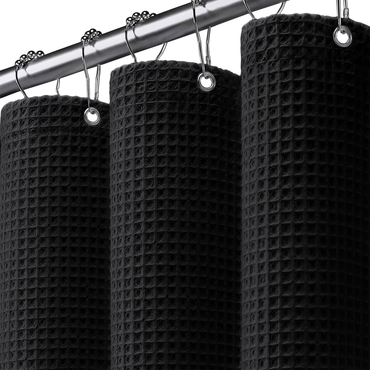 XOGUIBO waffle-weave shower curtain with black texture provides privacy and style.