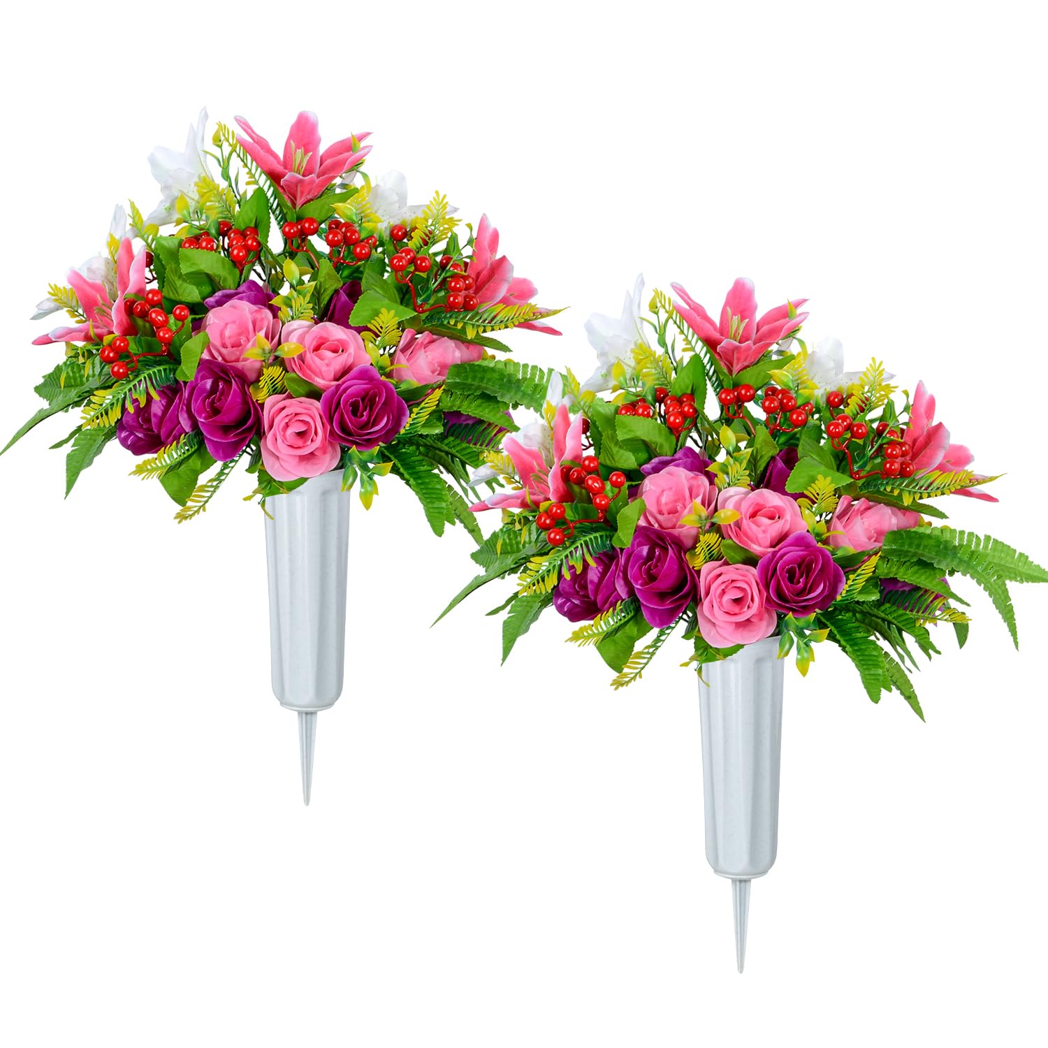 XONOR artificial cemetery flowers bouquet with roses and lilies for outdoor durability.