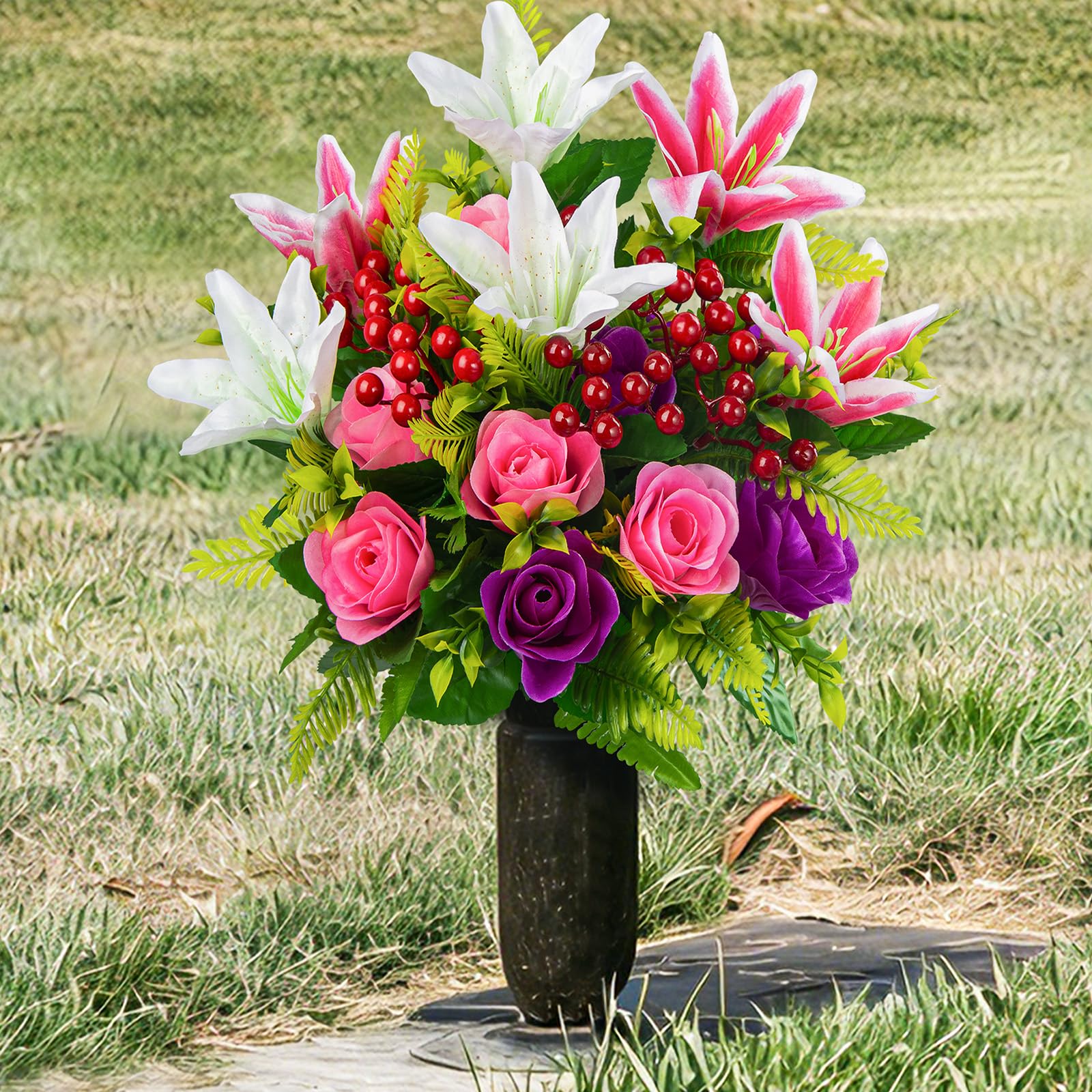 XONOR cemetery bouquet with 3D leaves adds lifelike fullness.