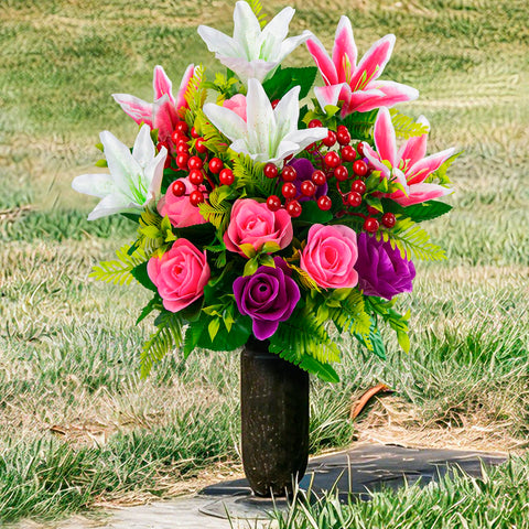 XONOR cemetery bouquet with 3D leaves adds lifelike fullness.