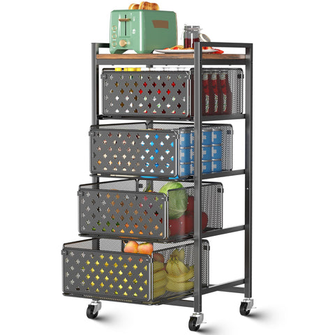 Xpatee 5-tier kitchen cart with wood top and wheels for mobile kitchen organization.