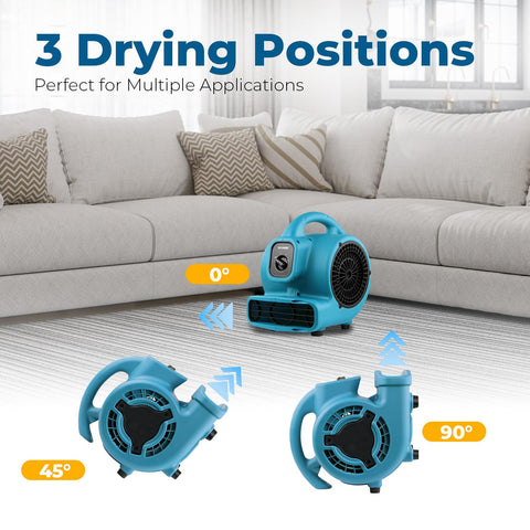 XPOWER P-80 air mover drying a wet floor after a spill.