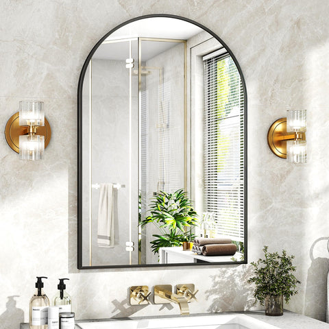 XRAMFY 20x30 arch bathroom mirror with metal frame, clear reflections, moisture resistant.