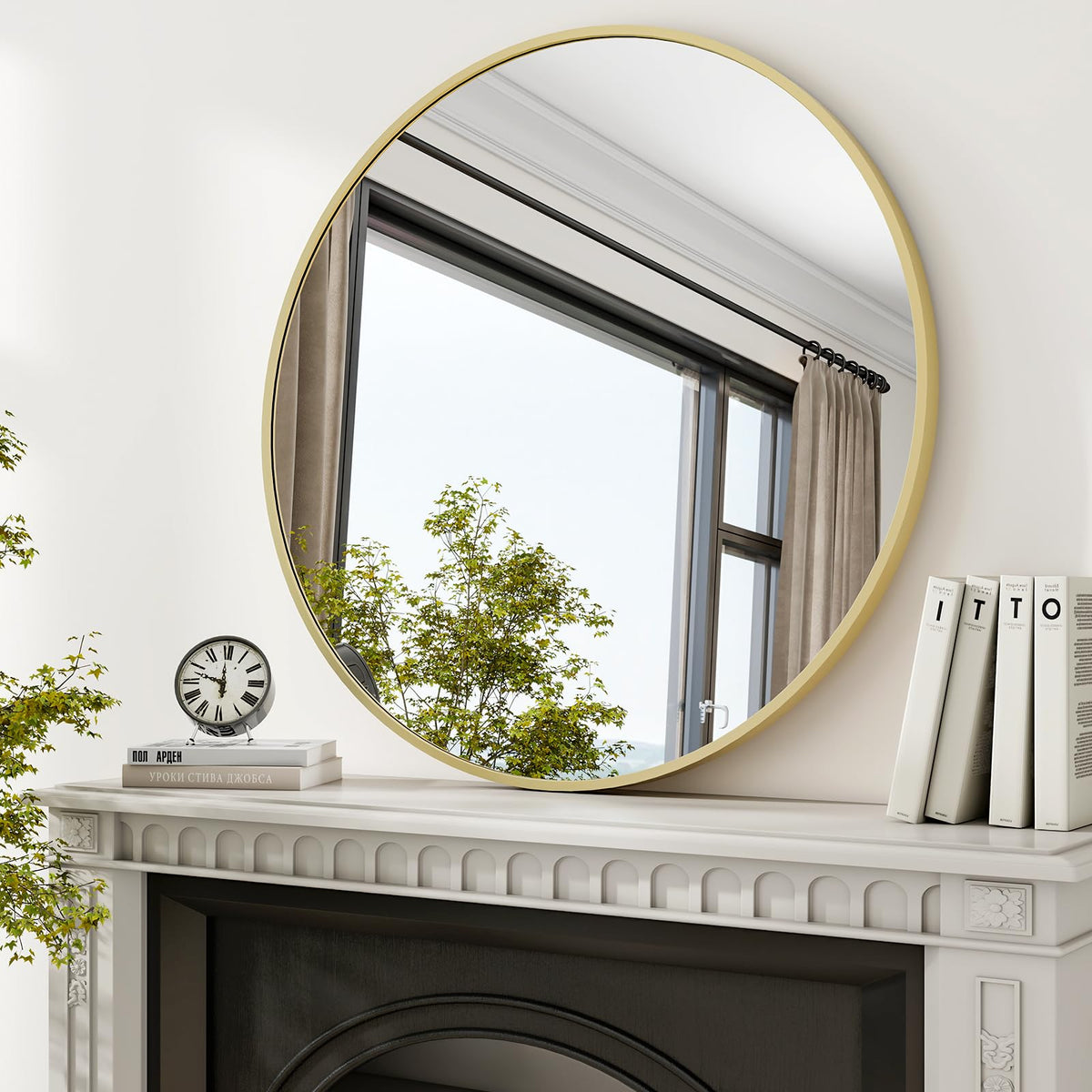XRAMFY 36-inch round mirror with matte gold frame adds modern elegance to any wall.