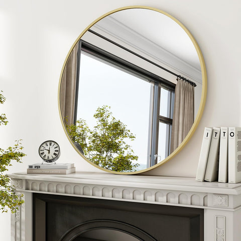 XRAMFY 36-inch round mirror with matte gold frame adds modern elegance to any wall.