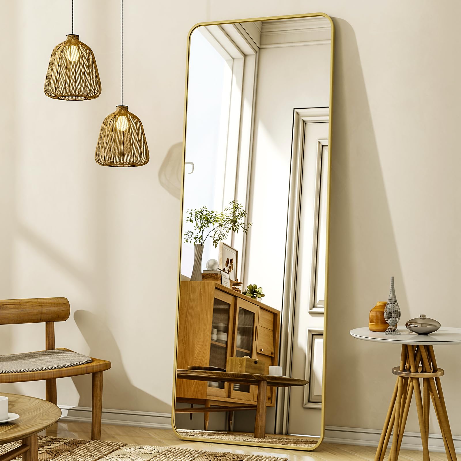 XRAMFY 56x21-inch full-length mirror with rounded corners enhances safety and style in a bright room.
