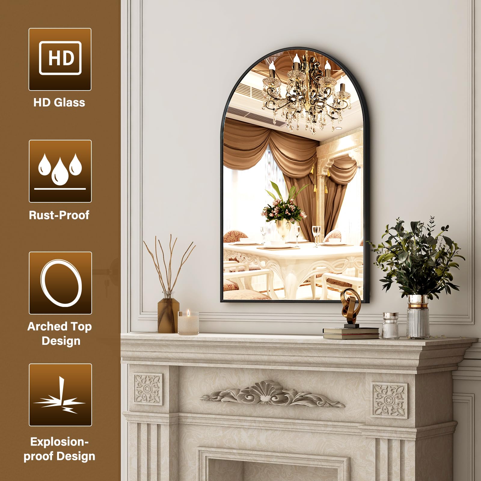 XRAMFY arched salon entryway mirror creates a warm, inviting focal point.