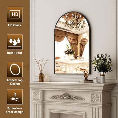 XRAMFY arched salon entryway mirror creates a warm, inviting focal point.