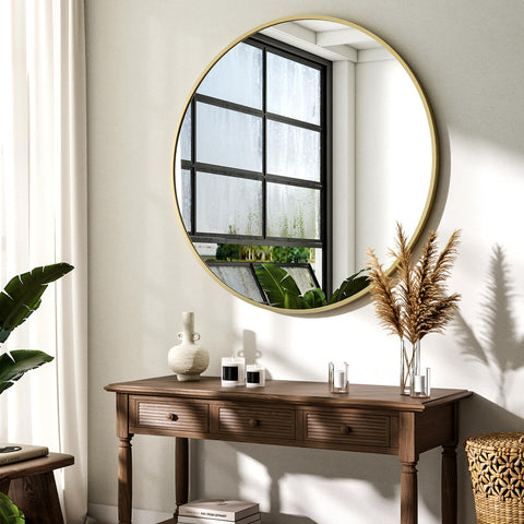 XRAMFY circle wall mirror in living room adds stylish decor accent.