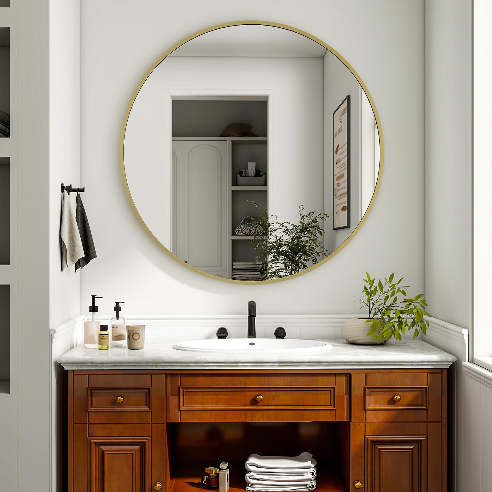 XRAMFY decorative entryway mirror greets guests with modern round silhouette.