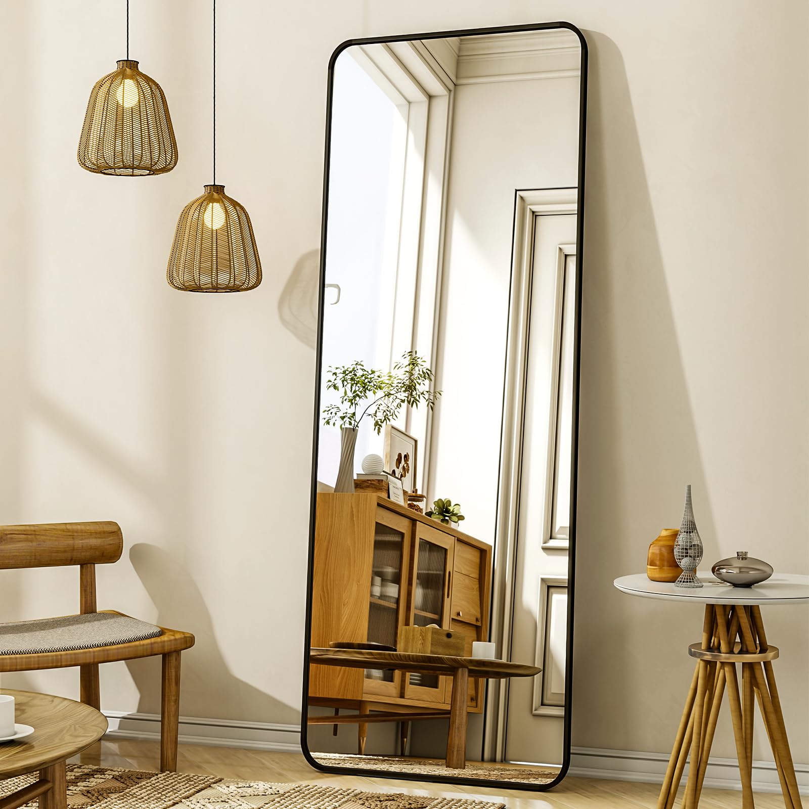 XRAMFY full-length mirror with stand for full-body viewing in a sleek black frame.