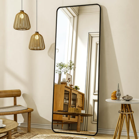 XRAMFY full-length mirror with stand for full-body viewing in a sleek black frame.