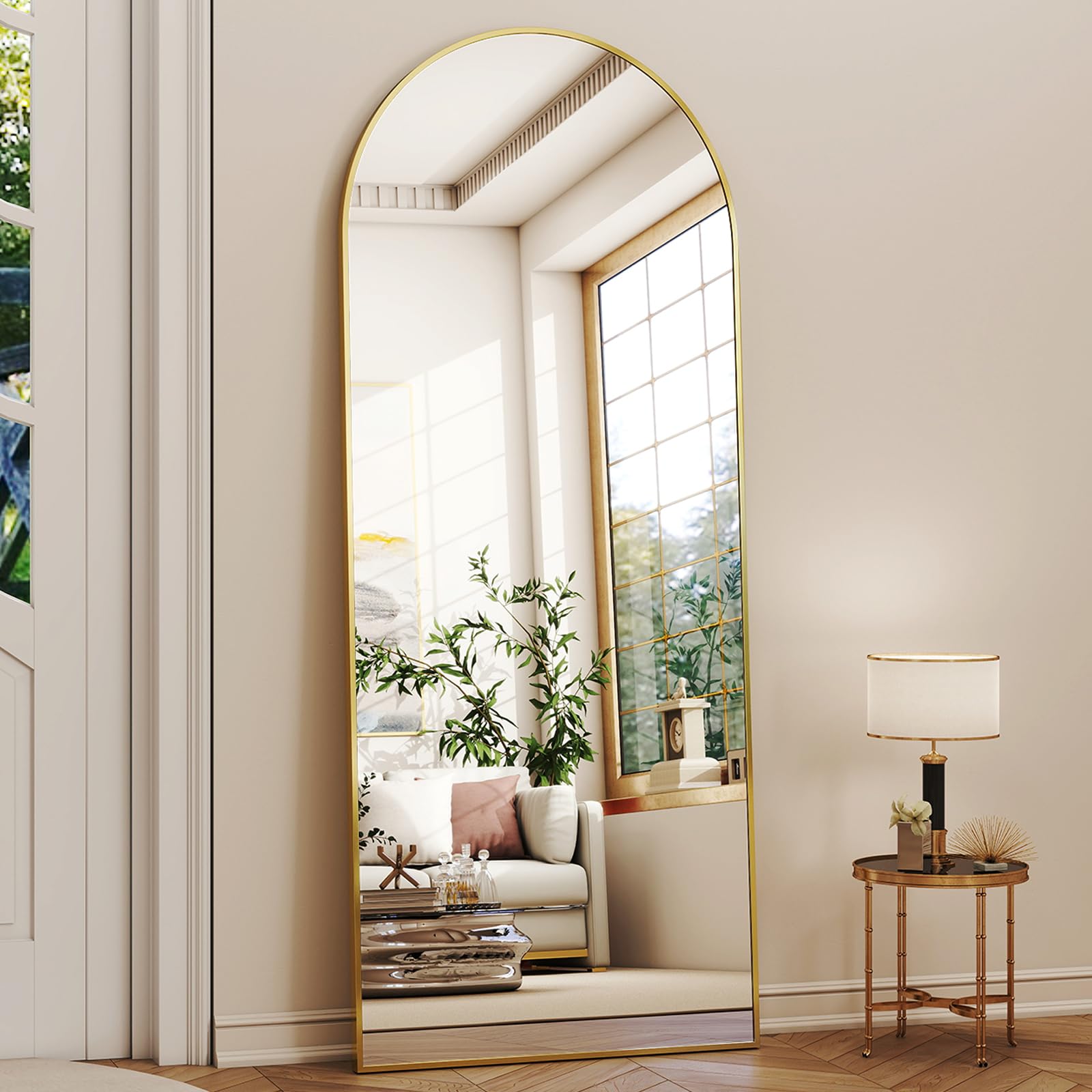 XRAMFY gold full-length mirror on stand adds elegance and versatile placement.
