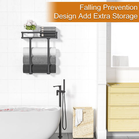 Black metal frame with wood accents provides durable bathroom support