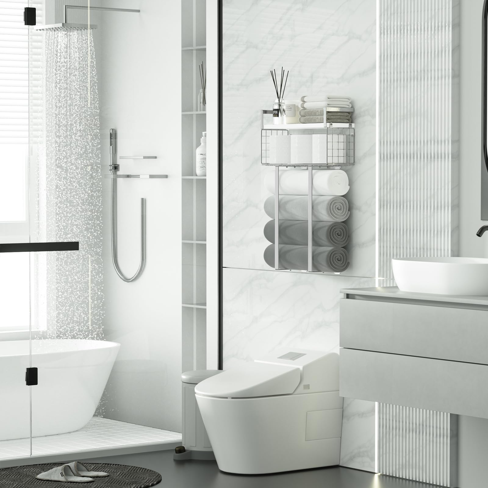 Xstydes floating shelves with towel rack in silver for surface display